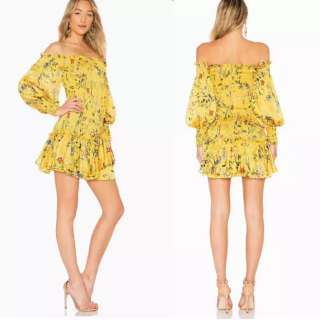 NWT ALEXIS Gemina Off-the-Shoulder Dress in Yellow Floral Print Satin Medium