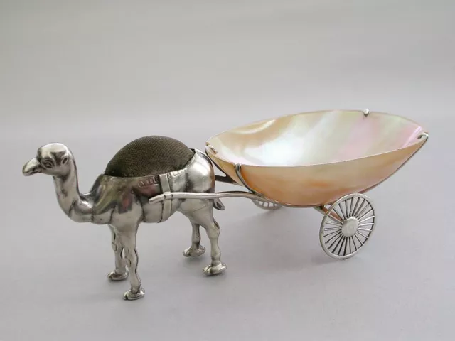 Edwardian Novelty Silver Camel Pulling A Cart Pin Cushion. Adie & Lovekin c1905