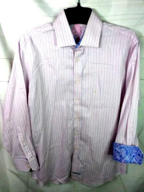 English Laundry Pink Blue Gray Stripes Flip Cuff Dress Shirt Size 16.5 - GW10901