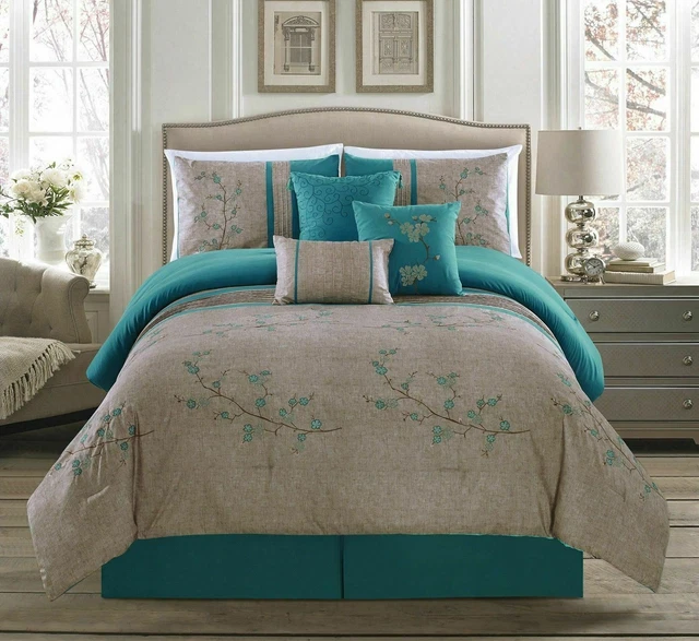 Elegant Teal Floral Embroidered 7 pcs Cal King Queen Comforter Set New