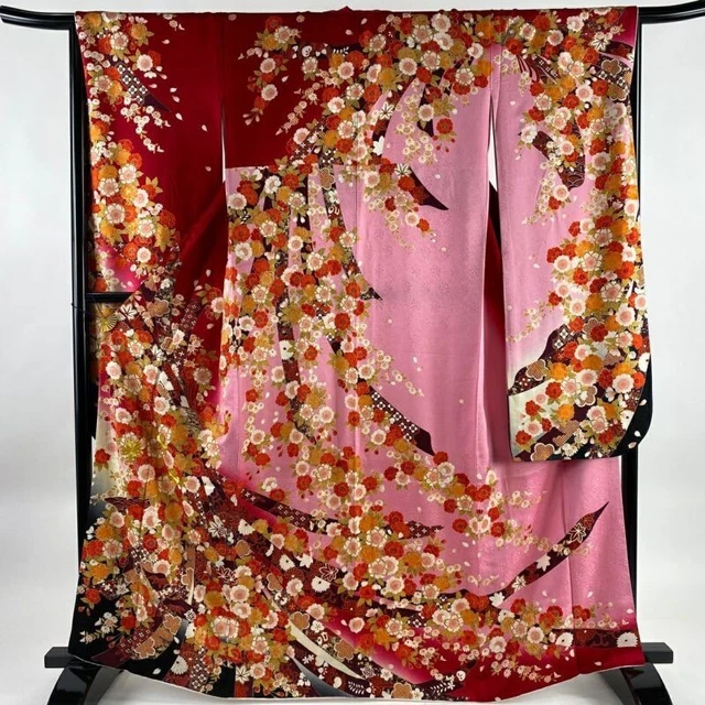 Woman Japanese Kimono Furisode Silk Noshi CherryBlossom Gold Thread Foil Red