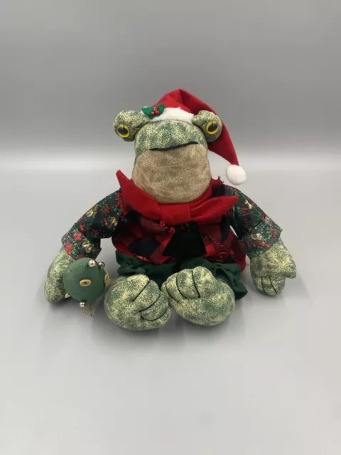 VTG 1996 Singing Croaking Christmas Frog  Sitting Fabric Stuffed Avon Musical