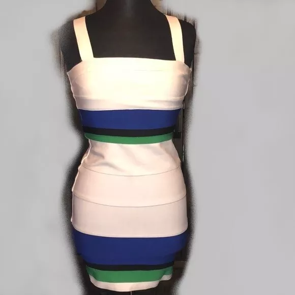 WOW Couture White w/Blue Green Stripe Blk Bandage Bodycon Dress Sz L