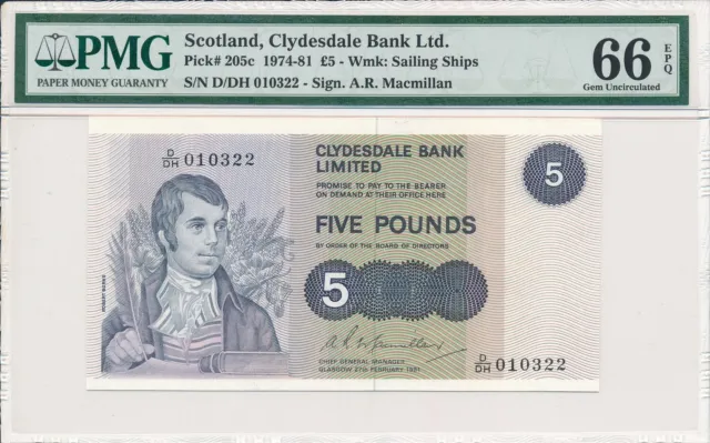 Clydesdale Bank Ltd. Scotland  5 Pounds 1981  PMG  66EPQ