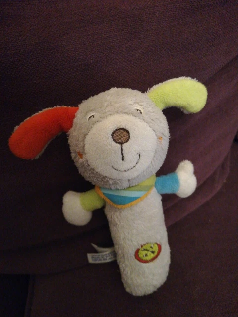 Doudou BABYSUN hochet Chien Gris Pouet vert bleu