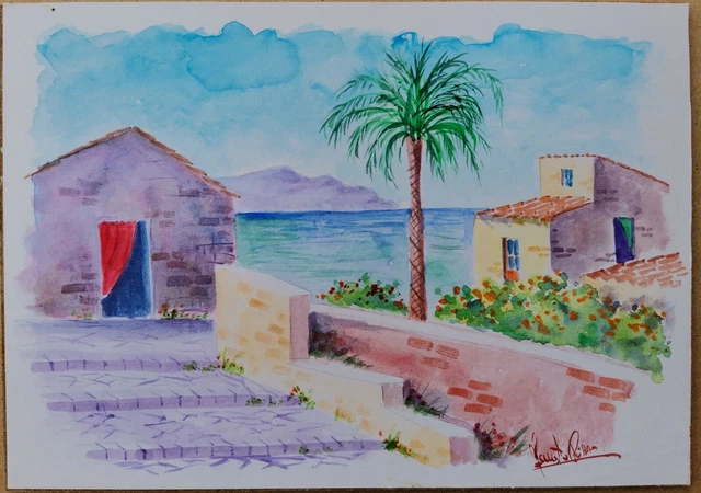 Rizzo Dipinto Acquerello su carta arte figurativa Paesaggio quadro arredo casa