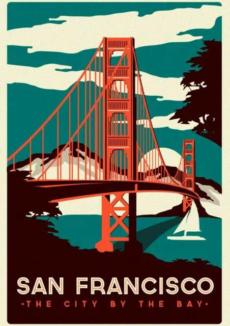 San Francisco Bridge Vintage Retro Travel Rail Print Poster Wall Picture A4 +