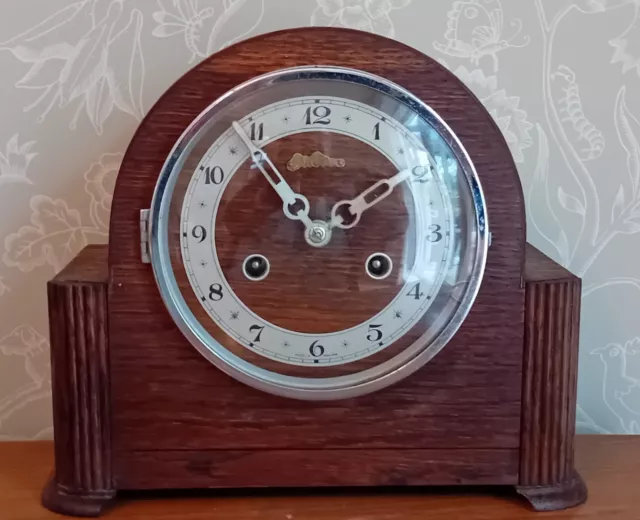 Bentima - Oak Cased Mechanical Striking Mantel Clock -1930s - Working