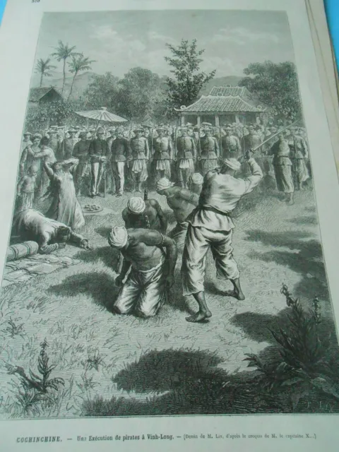 Gravure 1877 - Cochinchine une exécution de pirates à Vinh Long