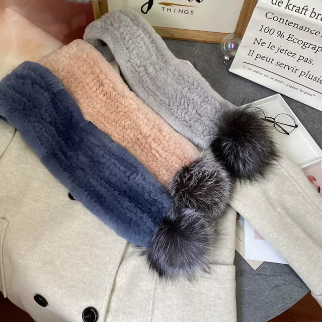 Women Real Rex Rabbit Fur Scarf Winter Warm Neckerchief With Silver Fox Pompom