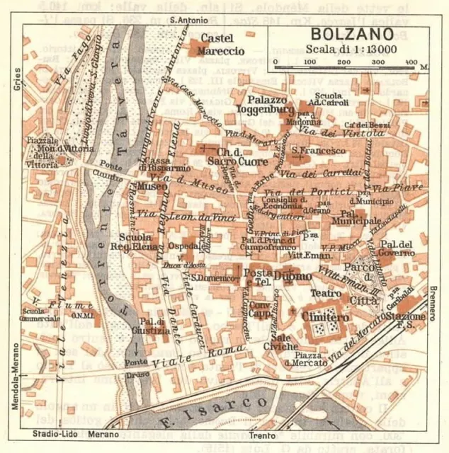 Carta geografica antica BOLZANO piccola pianta della città TCI 1937 Antique map