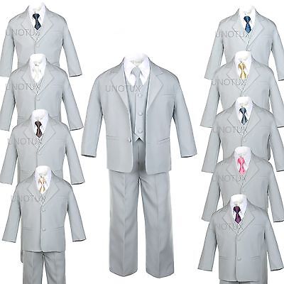 6pc Satin Neck Tie + Boy Infant Toddler Kid Teen Gray Formal Suit Tuxedo sz S-20
