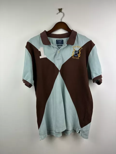 Hackett London Polo Team Shirt Mens Large Blue Brown Riding Cotton Number Crest