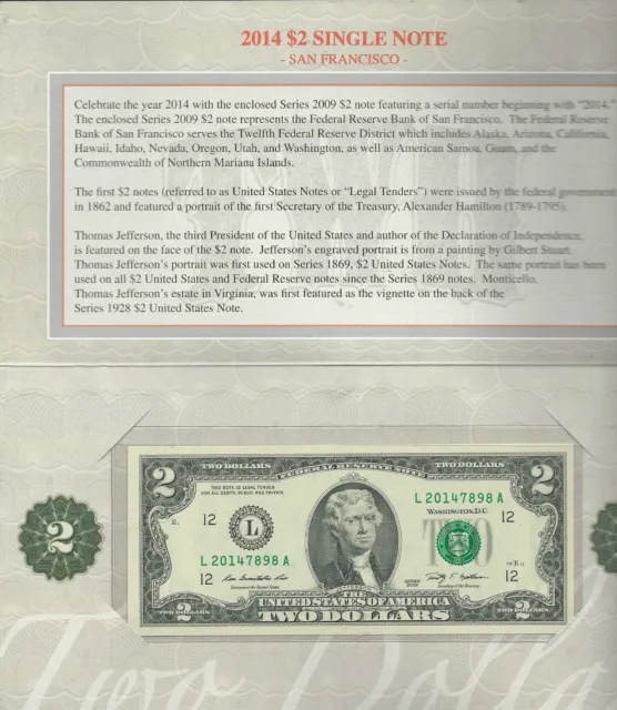 Us Mint 2014 Sealed $2 Dollar Bill Single Note San Francisco Seal Serial # 2014