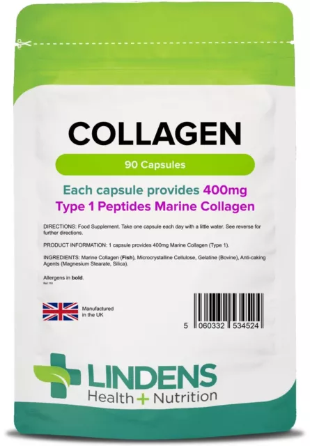 Collagen Marine Type 1 400mg 90 Capsules Skin Anti Ageing Joints Lindens