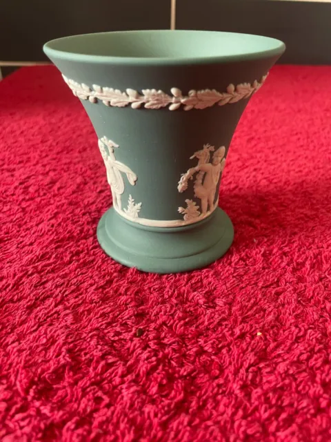 wedgwood jasper ware teal vase, 9cm tall, open top 8.5cm diameter.