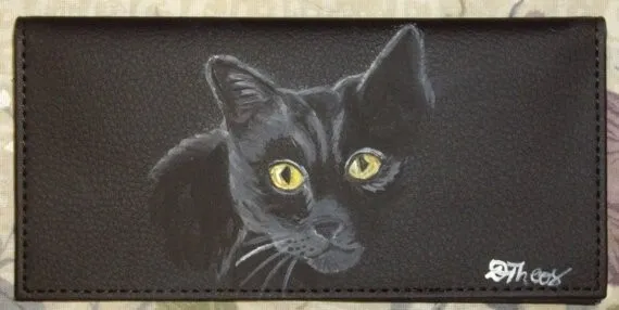 Black Cat Checkbook Cover Custom Painted Leather