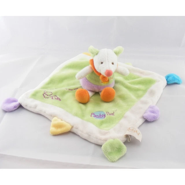 Doudou plat souris sur carré vert blanc BABY NAT - 3648