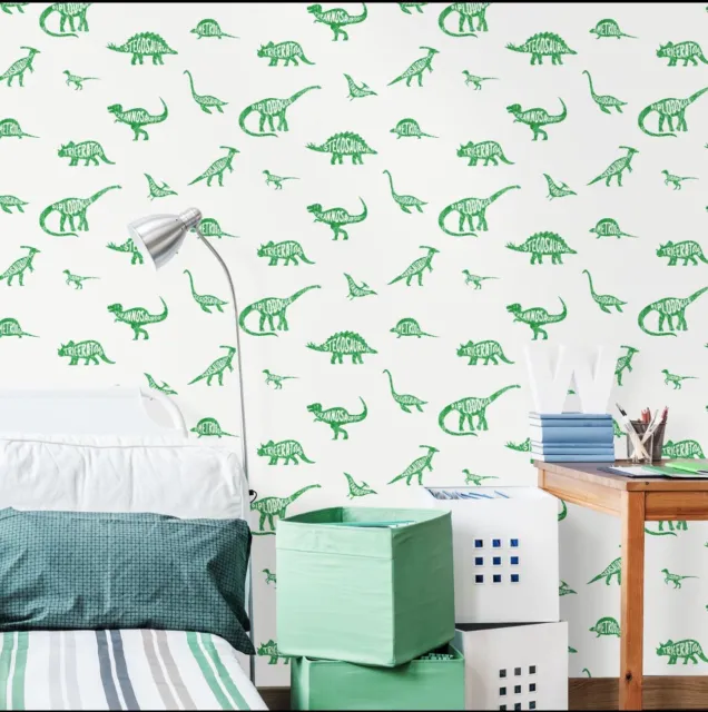 HOLDEN DINOSAUR WALLPAPER - KIDS BOYS BEDROOM / PLAYROOM Green White Wallpaper