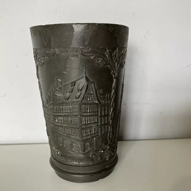 Maison Antique Pewter Tumbler Raised Panel German Scene Cup Souvenir Vintage