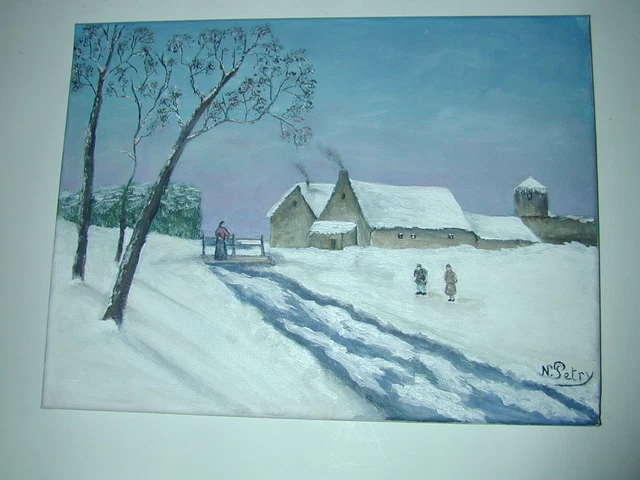 Ferme maison  Paysage de Neige rivière Tableau peinture Acrylique sur toile