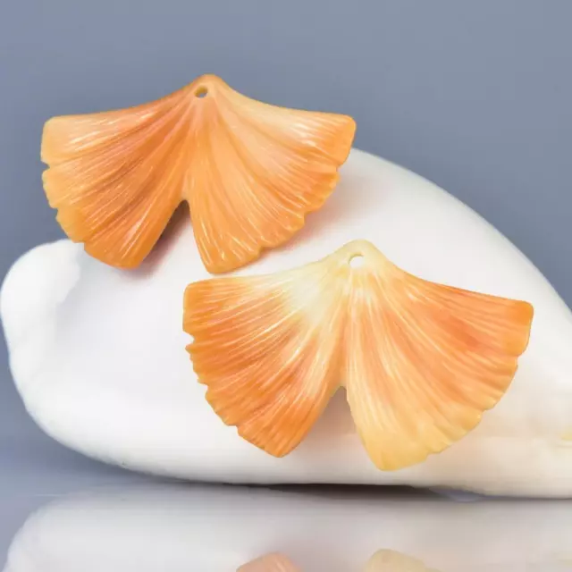 Apricot Trumpet Shell Carving Ginkgo Leaf Earring Pair Handmade 5.72 g