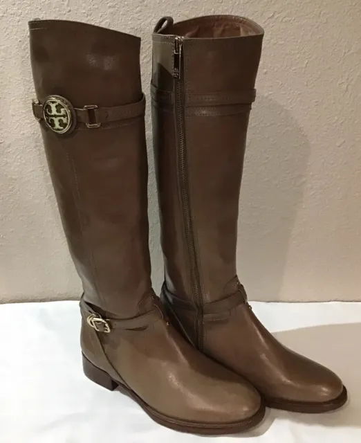 Tory Burch Tall Leather Riding Boots Size 7 Mocha Tan Brown Gold Logo Plate NEW