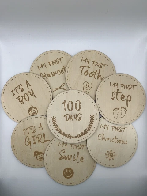UK BABY MILESTONE Wooden Disc Baby Shower Newborn Gift Wood Set of 8 £7 ...