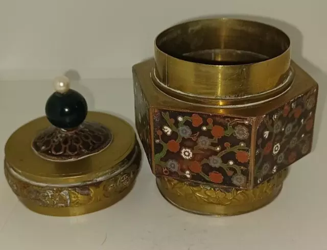 Antique Chinese brass hexagonal body enameled tea caddy with decorated lid.