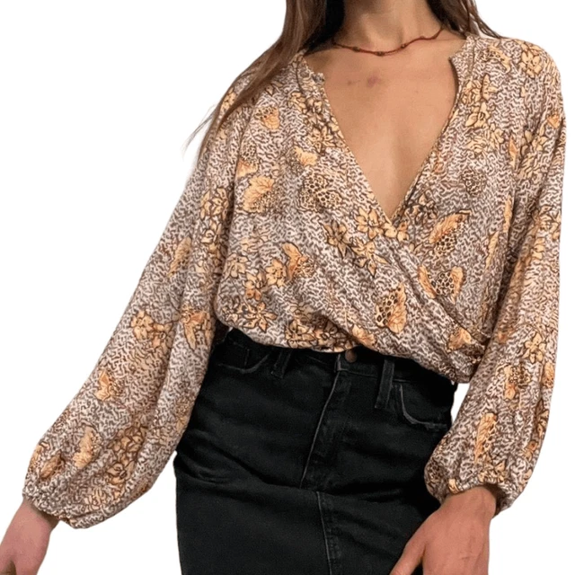 Rachel Zoe Bohemian Leopard Floral Print Deep V-neck Wrap Blouse