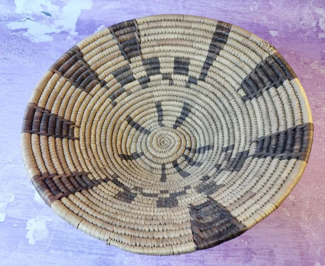 Native African Tribal Hand Woven Coil Basket 12 Inch Bowl Geometric Vintage