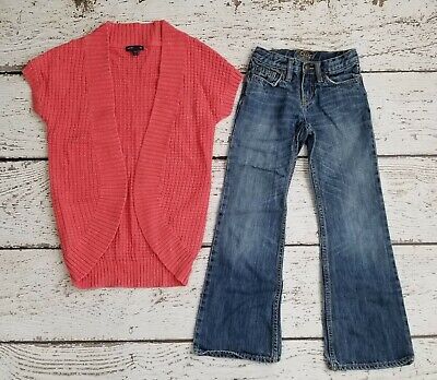 GAP KIDS 7 Slim Girls Peach Orange Sparkle Shrug Sweater & Bootcut Jeans Outfit