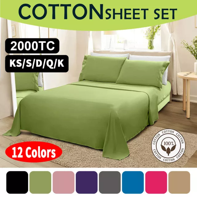 2000TC Egyptian Cotton Bed Flat Fitted Sheet Set Single Double Queen King Size