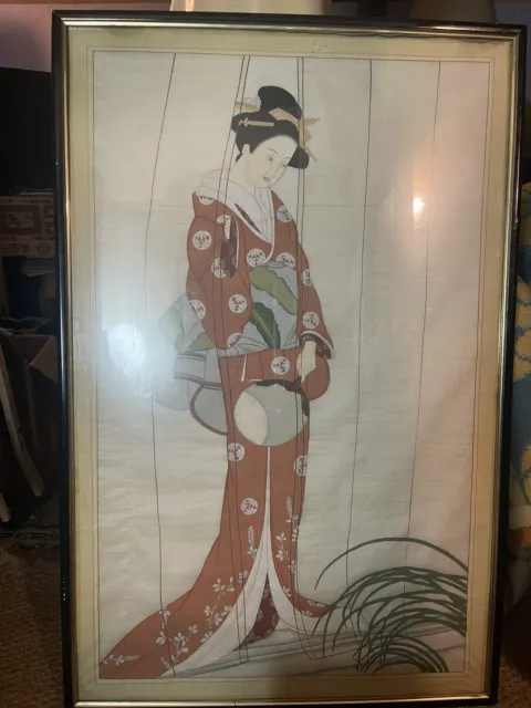 Japon Ere Meiji grand tableau huile sur papier de Riz XIXÈME - Sublime Geisha