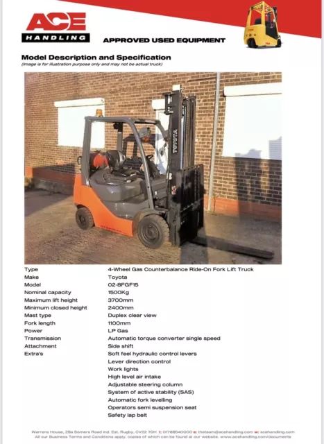 Toyota 02-8FGF15 LP Gas Forklift Hire-£39.99pw Buy-£8495 HP-£42.42pw VAT Deposit