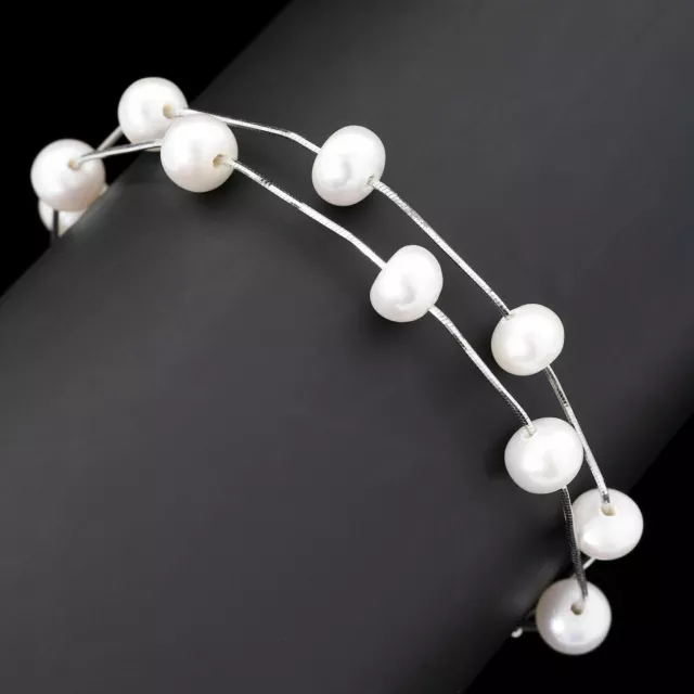 Natural 7X6Mm Freshwater Pearl 2-Line Pearl Italian Chain Silver 925 Bracelet