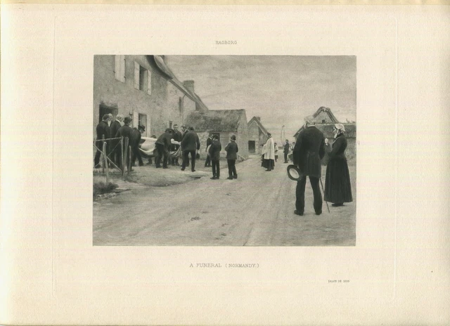 Antique Victorian Mourning Sorrow Coffin Funeral Priest Village Normandy Print