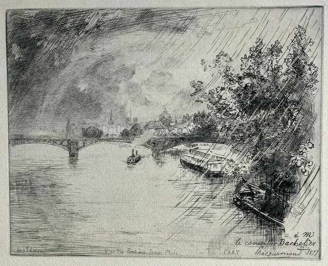 View Pont Saints Peres FELIX BRACQUEMOND engraving EAU FORTE Paris Bachelor 1877