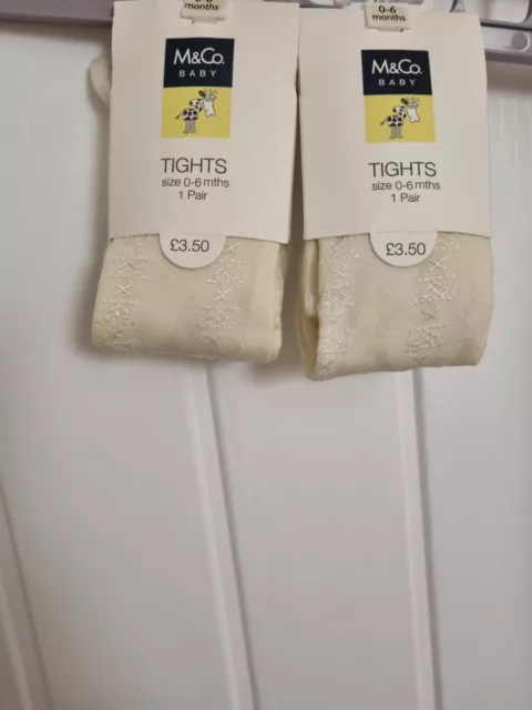 BNWT  2 X Girls Ivory / Cream Patterned Hearts Tights 0 - 6 Mths