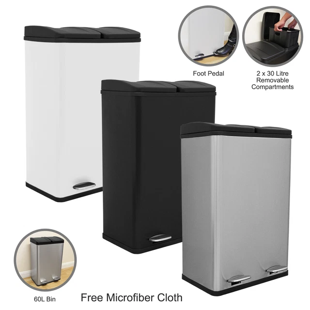 DOUBLE PEDAL BIN Dual Compartments 60L Rubbish Capacity Recycling Waste