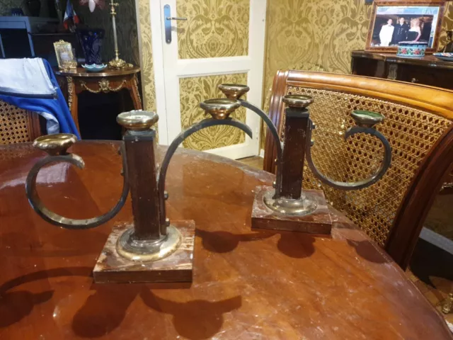 Paire De Bougeoir Bois Et Laiton Art Deco