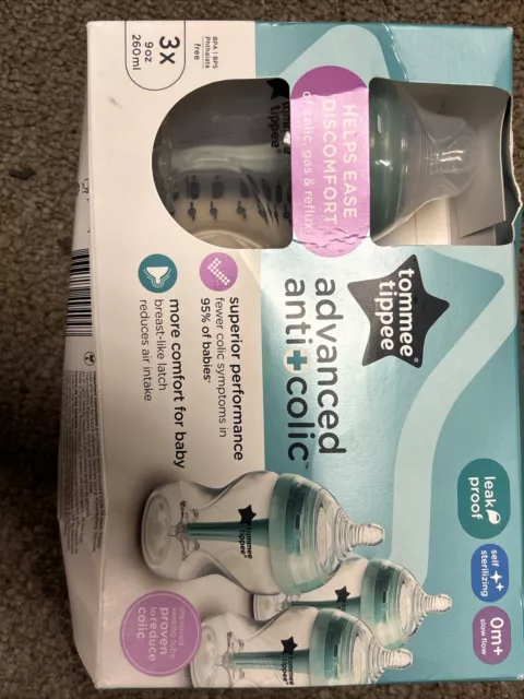 Tommee Tippee Closer to Nature 9oz Advanced Anti-Colic 0m+ 3 Bottle Set New