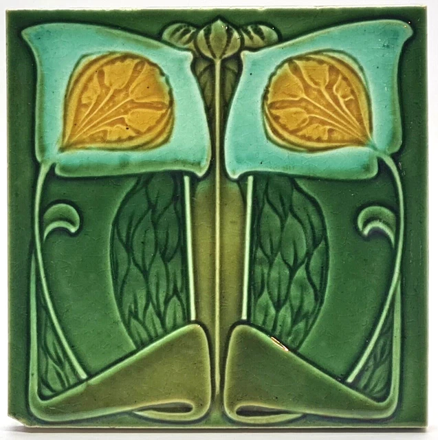 Original CLEVELAND 6" x 6" Antique High Relief Majolica Art Nouveau Tile C1905