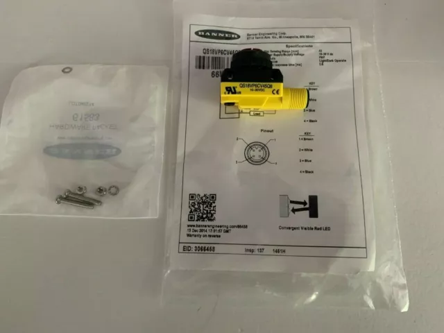 **BRAND NEW** WORLD-BEAM BANNER 66458 Convergent Sensor QS18VP6CV45Q8 10-30 V dc