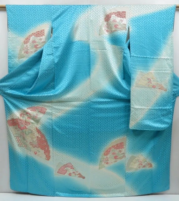 3403T02z1010 Vintage Japanese Kimono Silk FURISODE Folding fan Cyan blue
