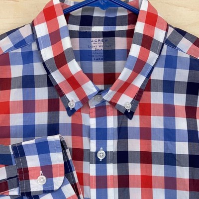 J Crew Button Up Shirt Mens Large Long Sleeve Blue Red White Black Plaid Casual