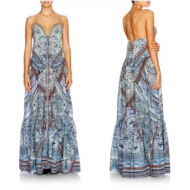 Camilla Tiered Shoestring Maxi Dress Blue Antique Batik Size Medium 2