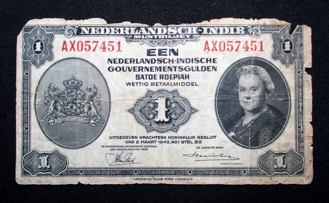 Old Banknote Of Netherlands 1 Gulden 1943 World War Ii Nederlandsch-Indie