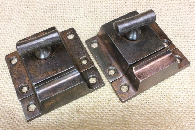 2 Cabinet Cupboard Latches Catches Vintage Iron T Knob Old Rustic Dark Copper