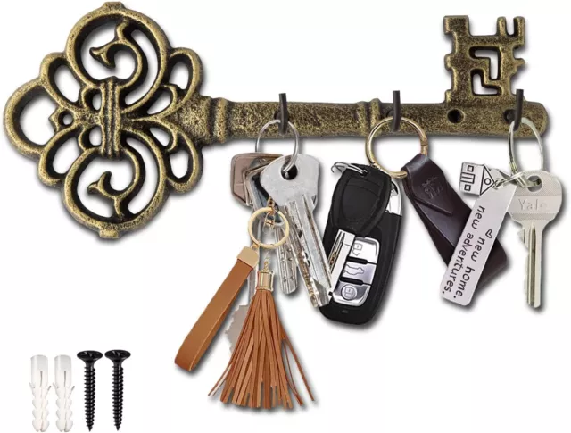 Decorative Wall Mounted Cast Iron Key Holder Vintage Key Shape Rack with 3 Hooks